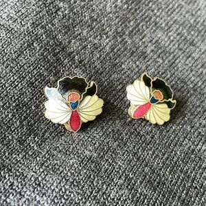 Vintage Cloisonne flower clip on earrings signed SG